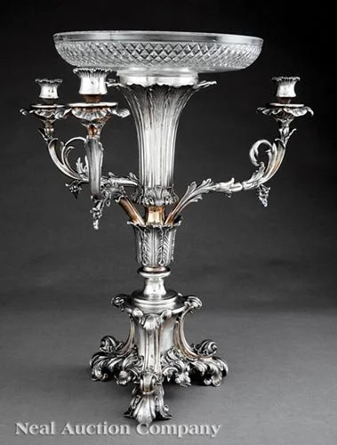 Vintage Silverplate Epergne/Candelabrum, with Cut Glass Bowl and 3 Candlearms