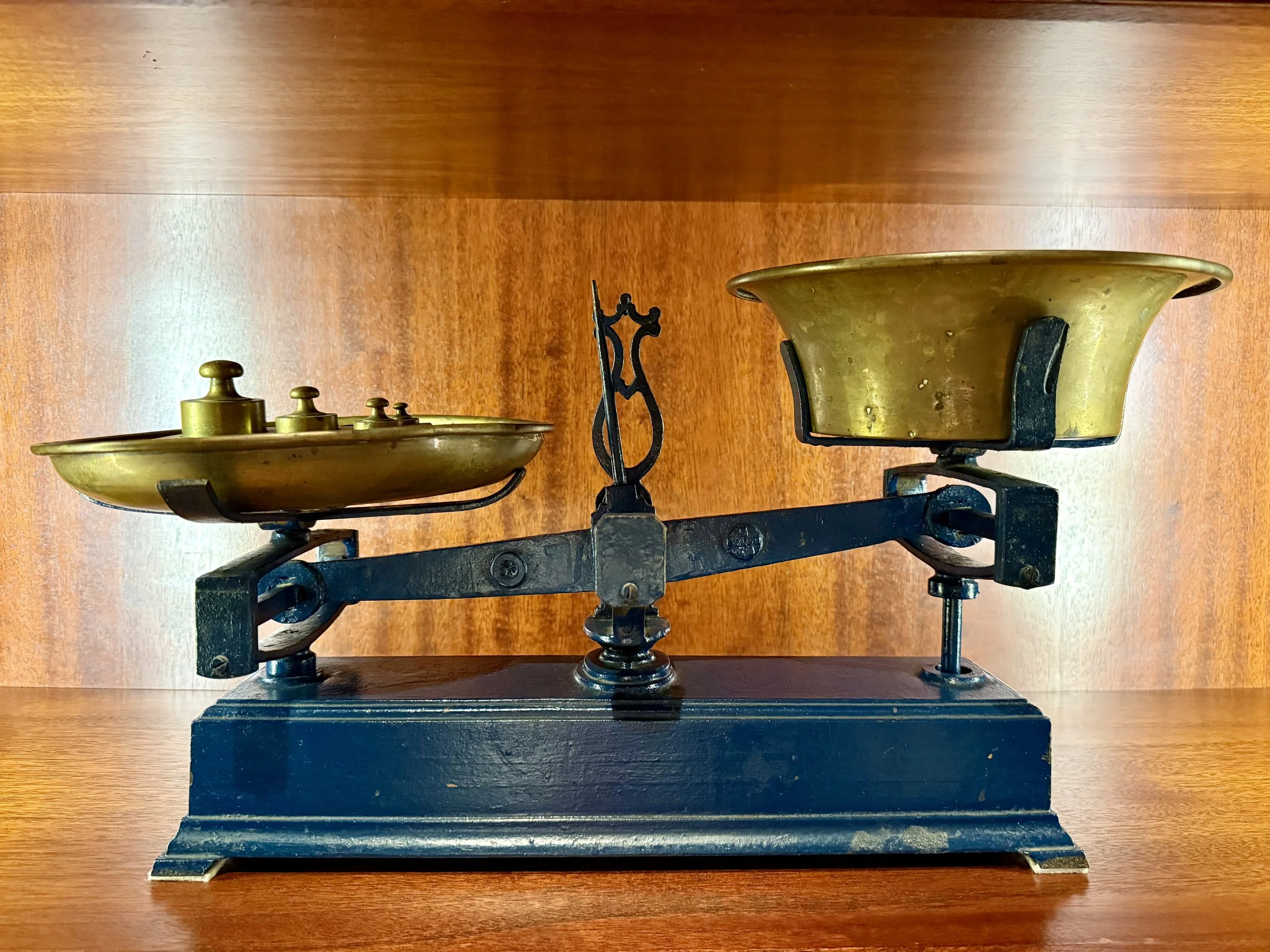 Antique Cast Iron Balance Scale with Brass Pans and Weights