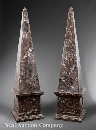 Pair of Monumental Rouge Marble Obelisks