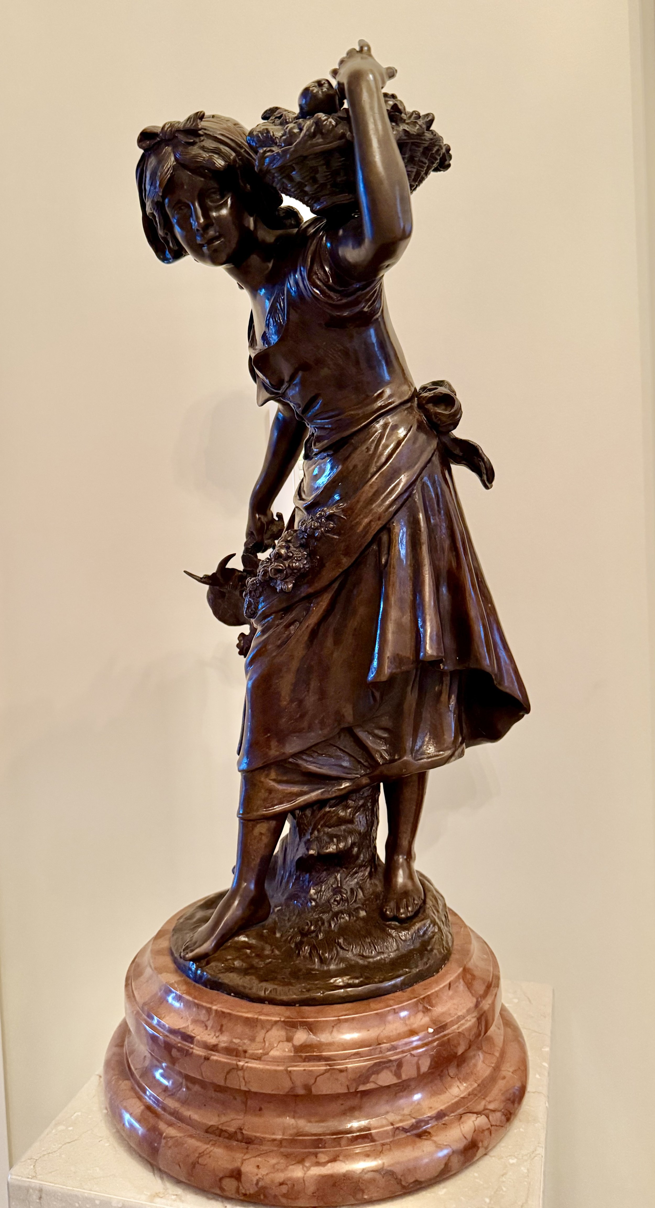 French Bronze Figure of a Maiden with Basket