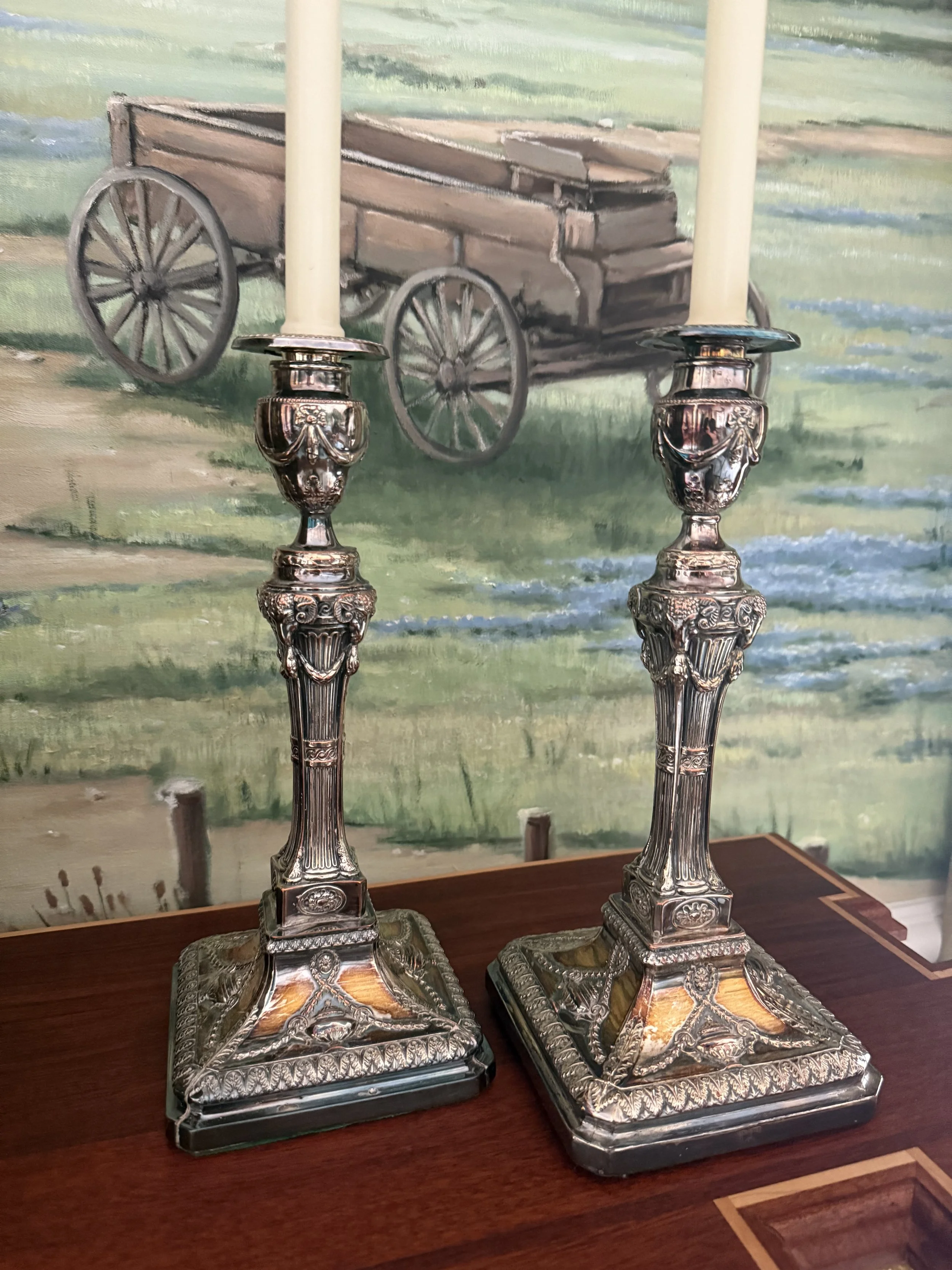 Pair of Large Antique English Silverplate Candlesticks in the Adam Taste