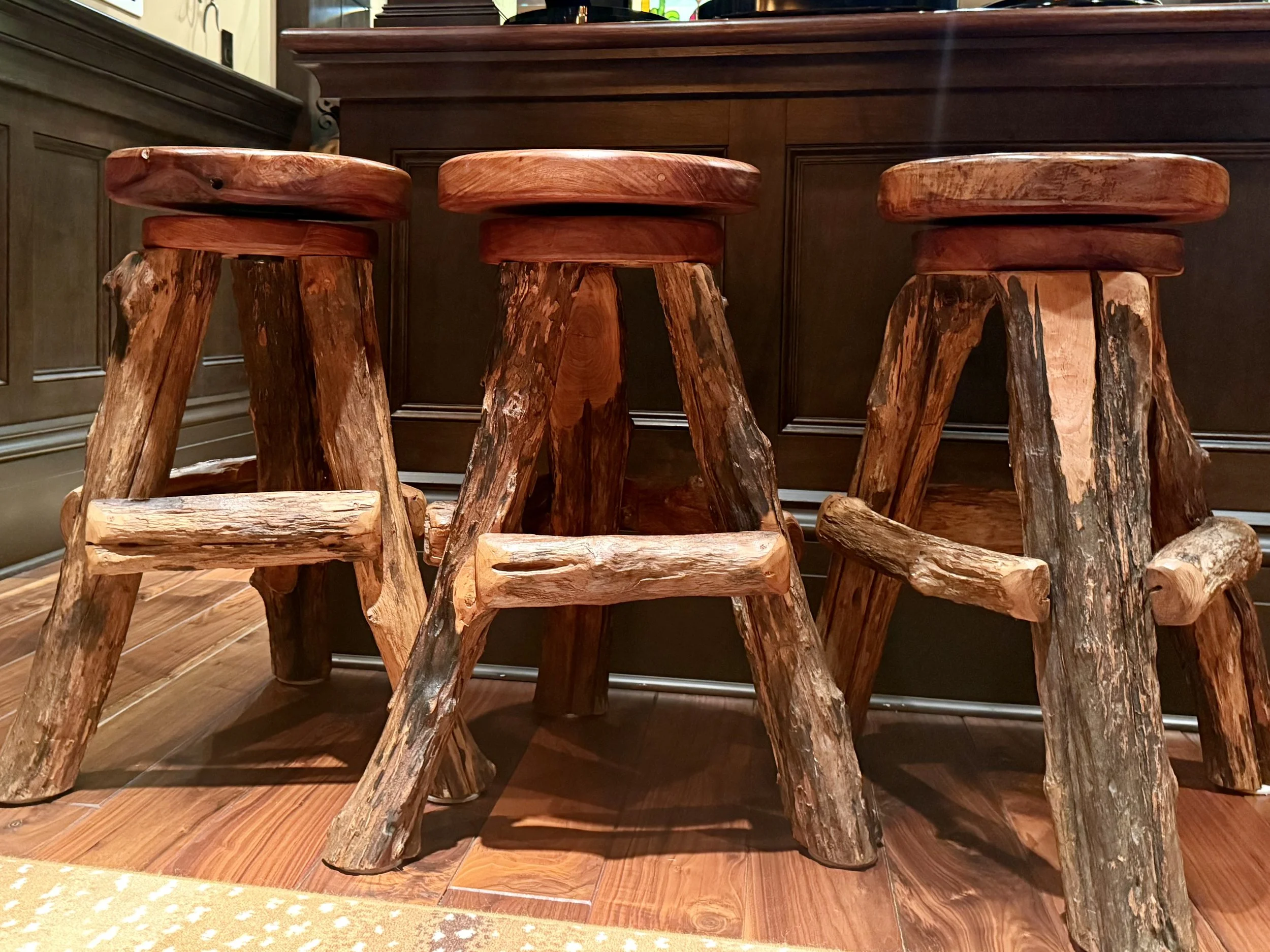 Set of 3 rustic handcrafted teak wood bar stools