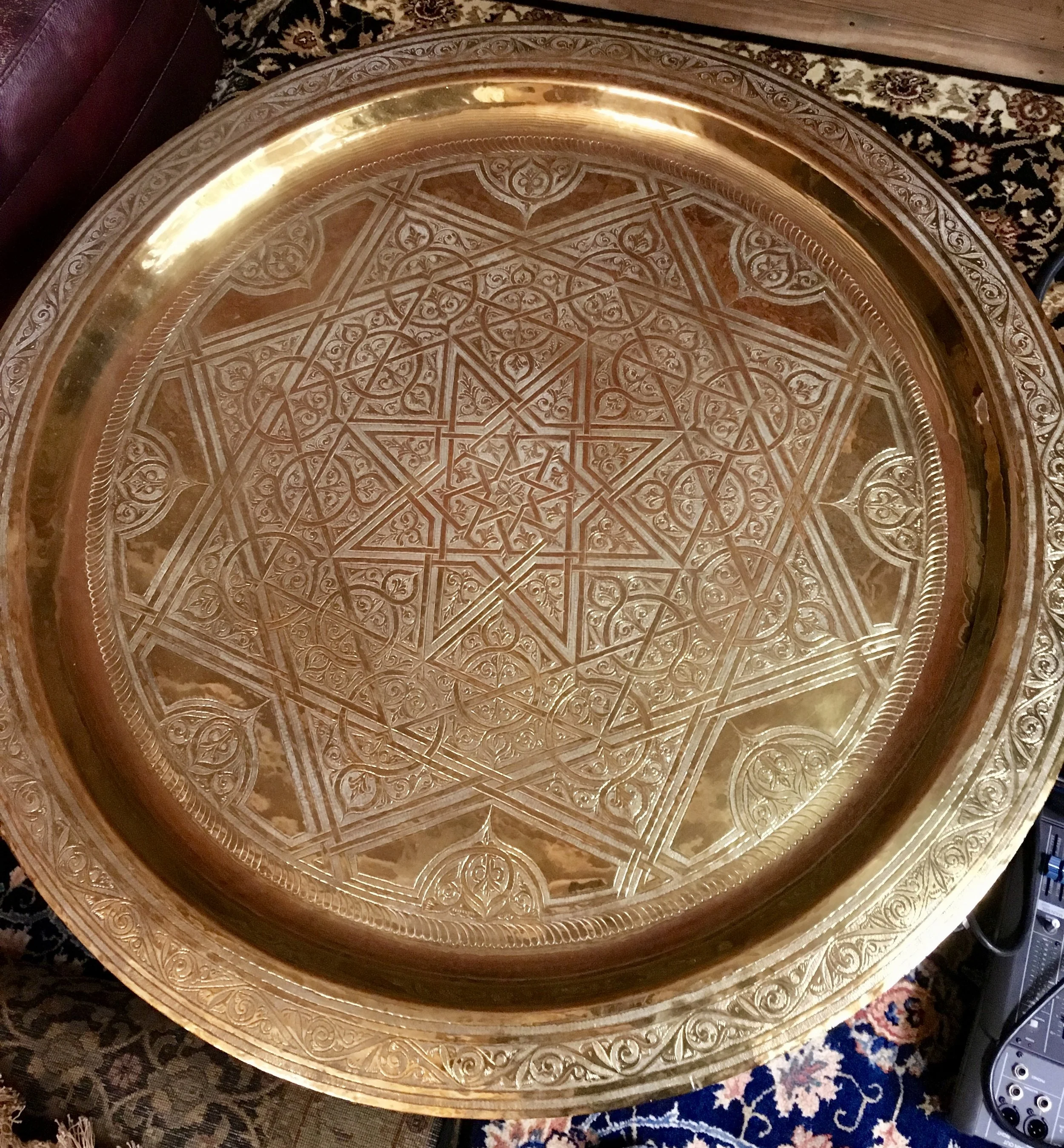 Moroccan polished solid brass tray table on folding stand