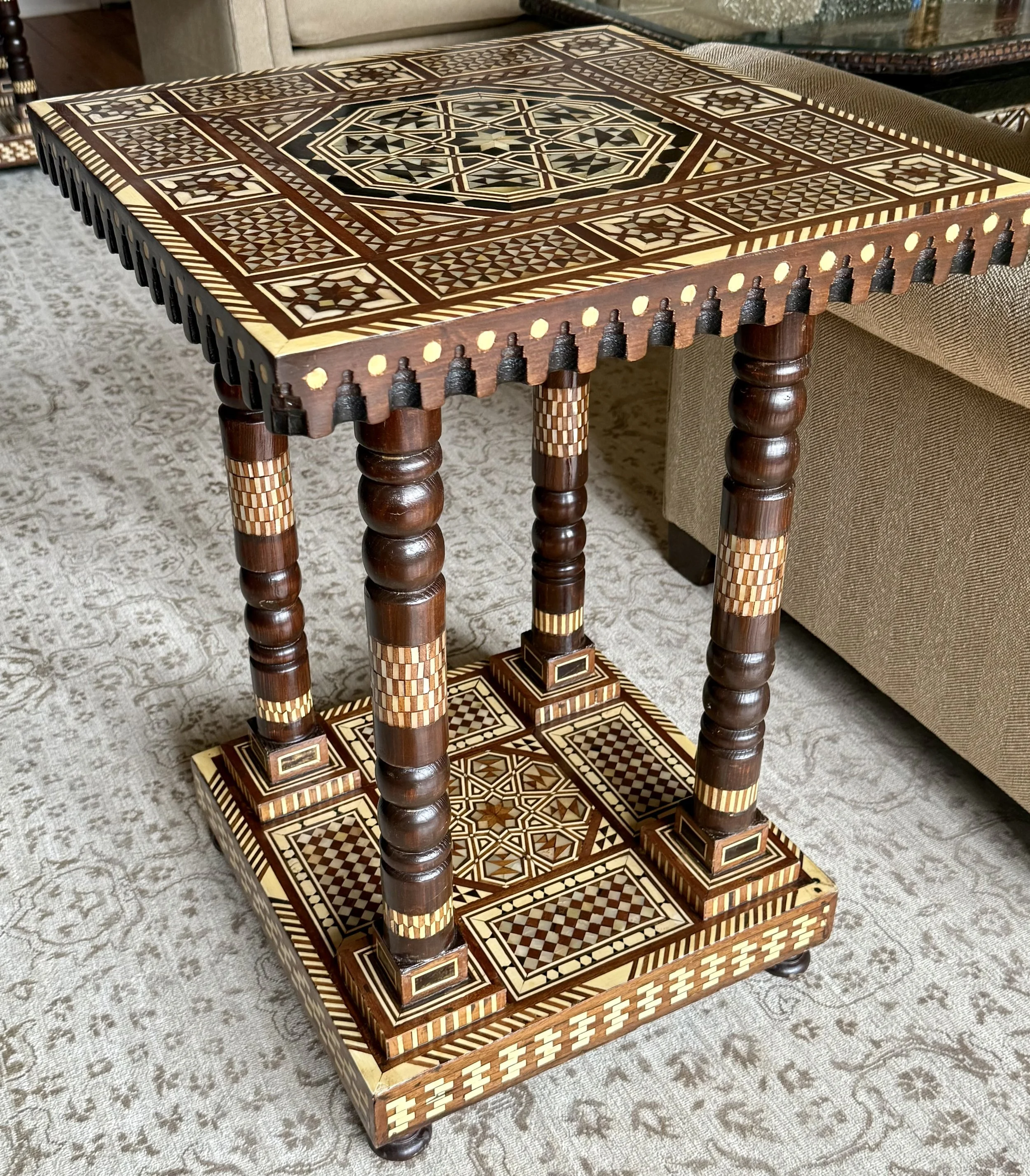 Pair of Bone and Mother-of-Pearl Inlaid Hardwood Tables of Levantine Inspiration