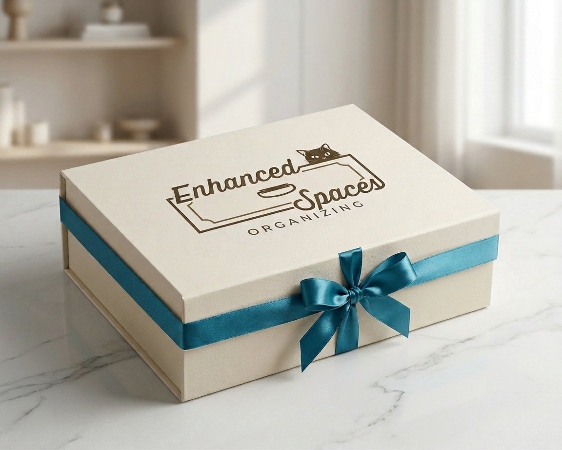 Cream gift box with a teal ribbon and bow, labeled “Enhanced Spaces Organizing,” on a marble countertop.
