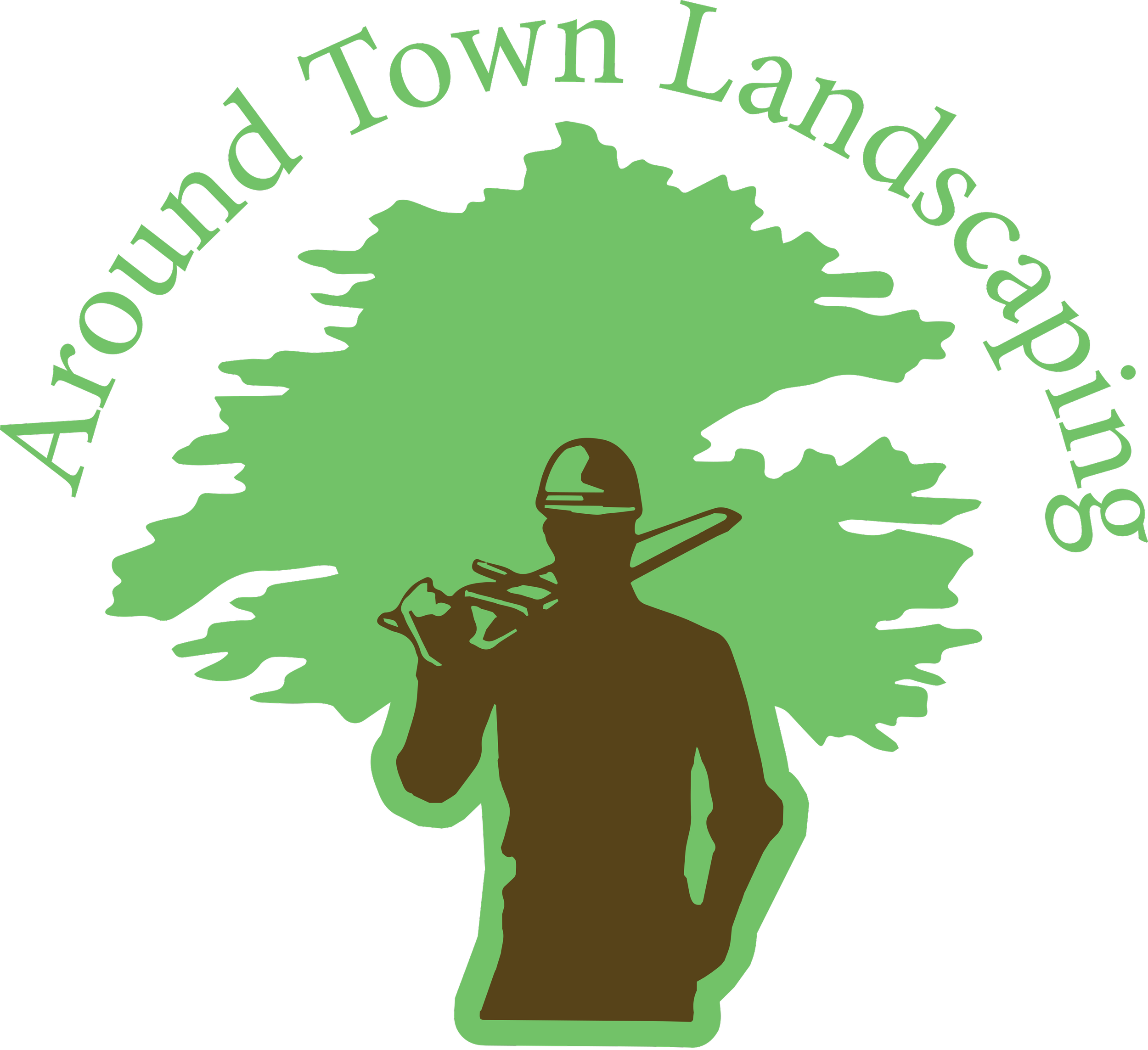 Logo for Around Town Landscaping featuring a silhouette of a person with a lawnmower against a green tree background with the company name curved above.