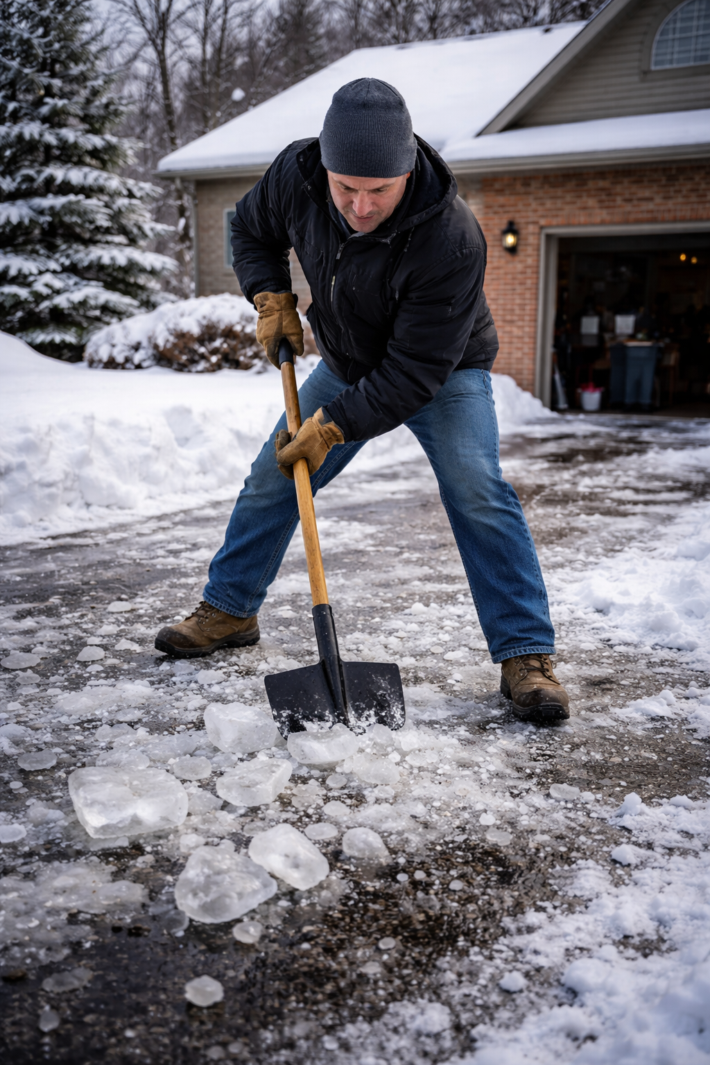 Man shoveling ice and snow off his driveway in winter, wearing gloves, a gray beanie, a black jacket, and jeans, with a brick house and snow-covered landscape in the background.