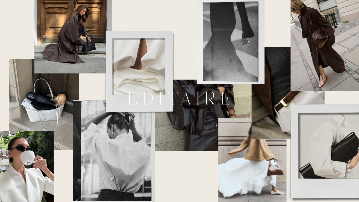 Collage of fashion images including women in stylish coats and dresses, handbags, and accessories, with the text 'EDTAIRE' in the center.