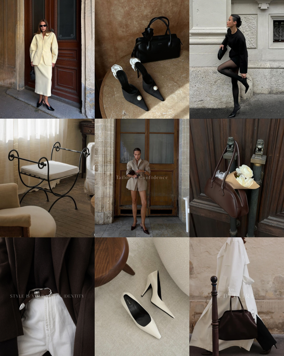 Collage of elegant fashion and interior decor: woman in cream coat with black heels outside, black heels with pearl detail and black handbag on table, woman in black outfit with high heels outside, wrought iron bed frame and armchair in a room, woman in blazer and shorts in front of wooden door, brown handbag with white flowers on wooden surface, close-up of dark brown blazer and white jeans, pair of white high-heeled shoes on beige carpet, white coat with black purse hanging from a wooden bedpost.