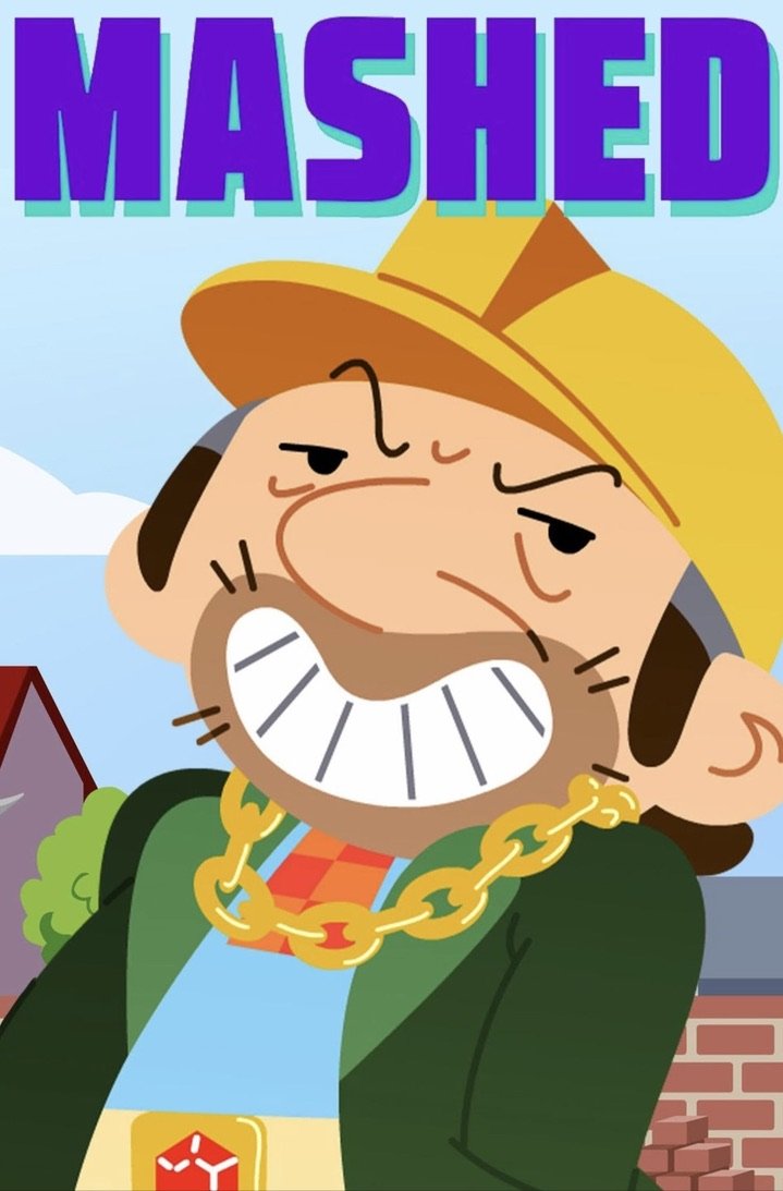 Cartoon character with a big grin showing large teeth, wearing a yellow hat, a gold chain, and a green jacket, with the word 'MASHED' in bold purple letters at the top.