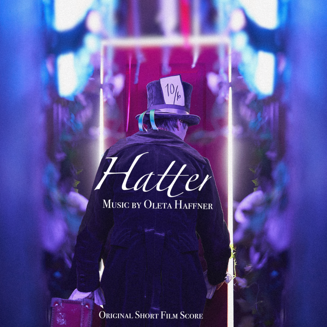 A person dressed as Willy Wonka from Charlie and the Chocolate Factory, wearing a top hat with a card labeled '10/6', is walking through a hallway with purple and pink lighting, with reflections and flowers on either side. The image is a cover for a short film score titled 'Hatter' by Oleta Haffner.
