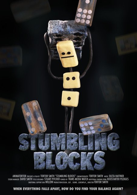 A logo with the words 'Stumbling Blocks' in gray letters beneath a structure made of dominoes and yellow pieces with faces, arranged to resemble a person falling.
