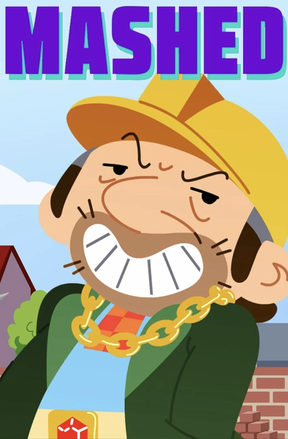 Cartoon image of a grumpy man wearing a yellow hat, a large gold chain, and a green jacket standing outdoors with a partly cloudy sky and house in the background. The word 'MASHED' is displayed at the top in large purple and teal letters.