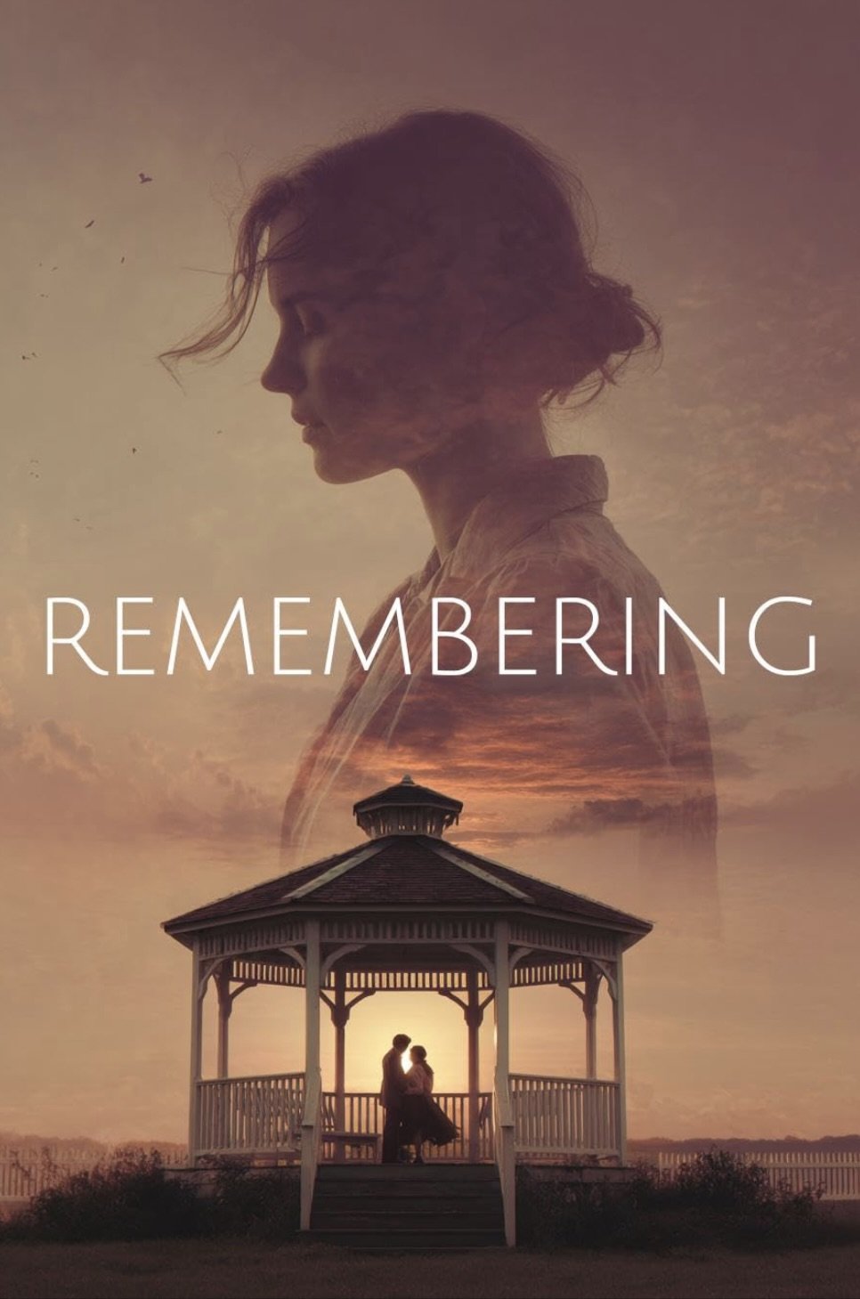 A double exposure image showing a woman's profile and a couple standing in a gazebo during sunset, with the word 'REMEMBERING' written across the scene.