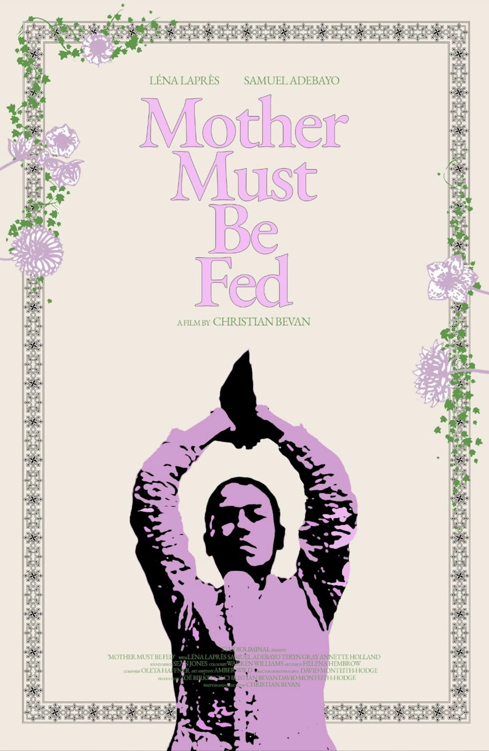 Movie poster for 'Mother Must Be Fed,' directed by Christian Bevan. The poster features a stylized image of a woman with her hands raised above her head, holding a knife. The background is off-white with a decorative floral border in green and purple.