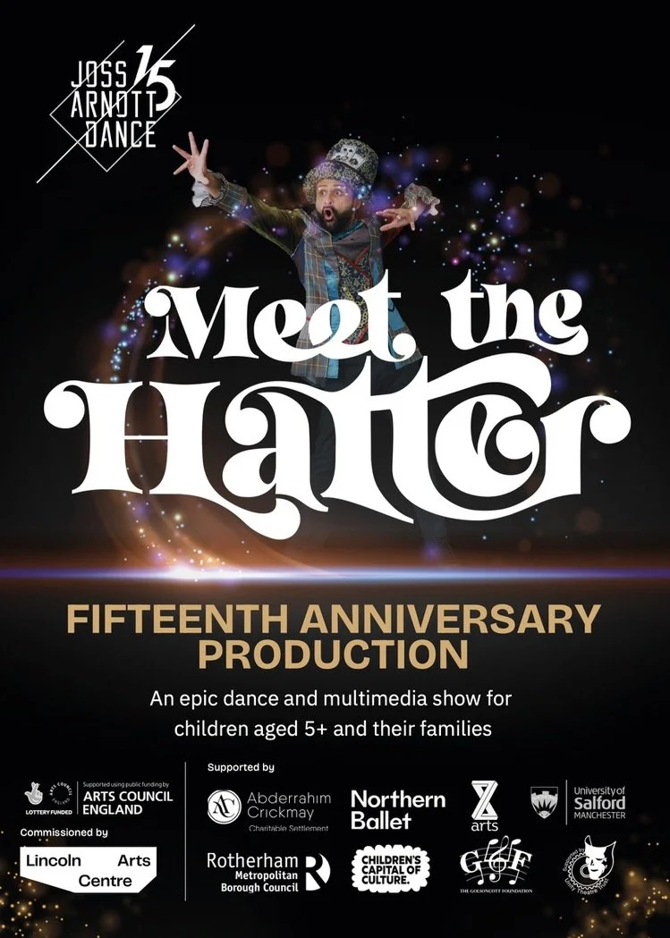 A promotional poster for the 15th anniversary of 'Meet the Hatter,' an epic dance and multimedia show for children aged 5 and older, featuring a man in colorful clothing and a hat, surrounded by swirling lights.