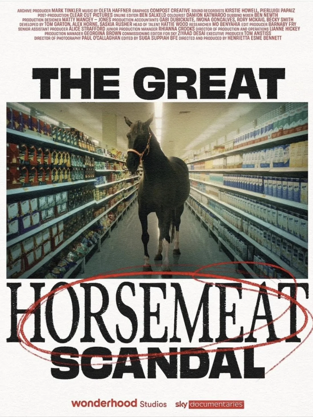 A horse standing in the aisle of a grocery store with shelves of products on either side, and the words "The Great Horsemeat Scandal" in bold text.
