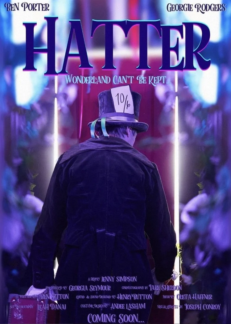Movie poster for 'Hatter' featuring a man in a dark coat and a tall hat with a '10%' sign, with vibrant purple and blue background, and the tagline 'Wonderland Can't Be Kept.'