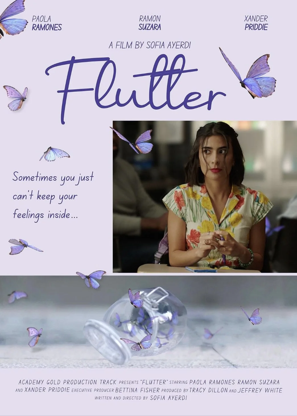 Poster for the film 'Flutter' featuring a woman with dark hair wearing a colorful floral shirt, surrounded by purple butterflies and a small glass jar on a light surface. Text mentions the film's title, creators, and a quote about feelings.