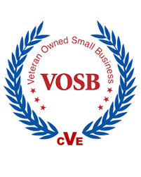 Logo with blue laurel wreath surrounding the text 'VOSB' in red, and 'cVE' at the bottom, with additional text 'Veteran Owned Small Business' in red curved around the top of the wreath.