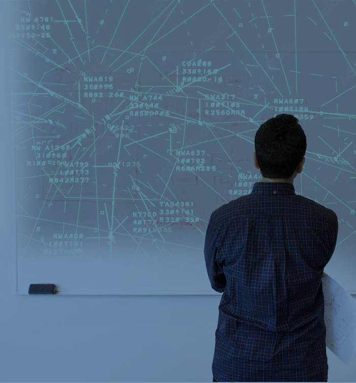 Person standing in front of a large digital flight navigation map on a whiteboard, analyzing aircraft routes and air traffic data.