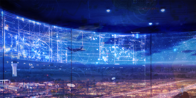 Futuristic digital cityscape projection on curved walls at night, with airplane flying overhead.