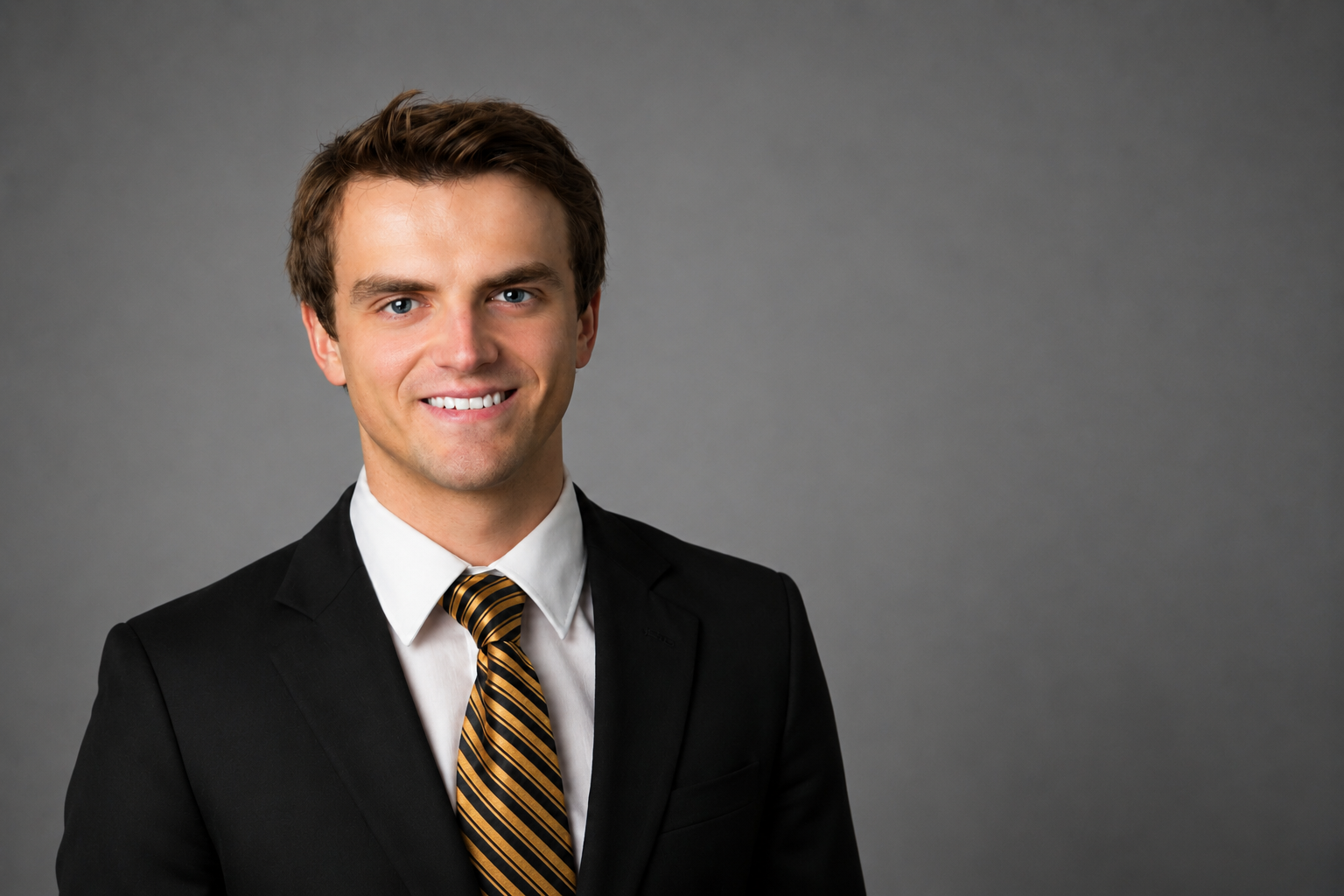 Professional young man in a black suit, white shirt, and striped yellow and black tie, smiling against a gray background.