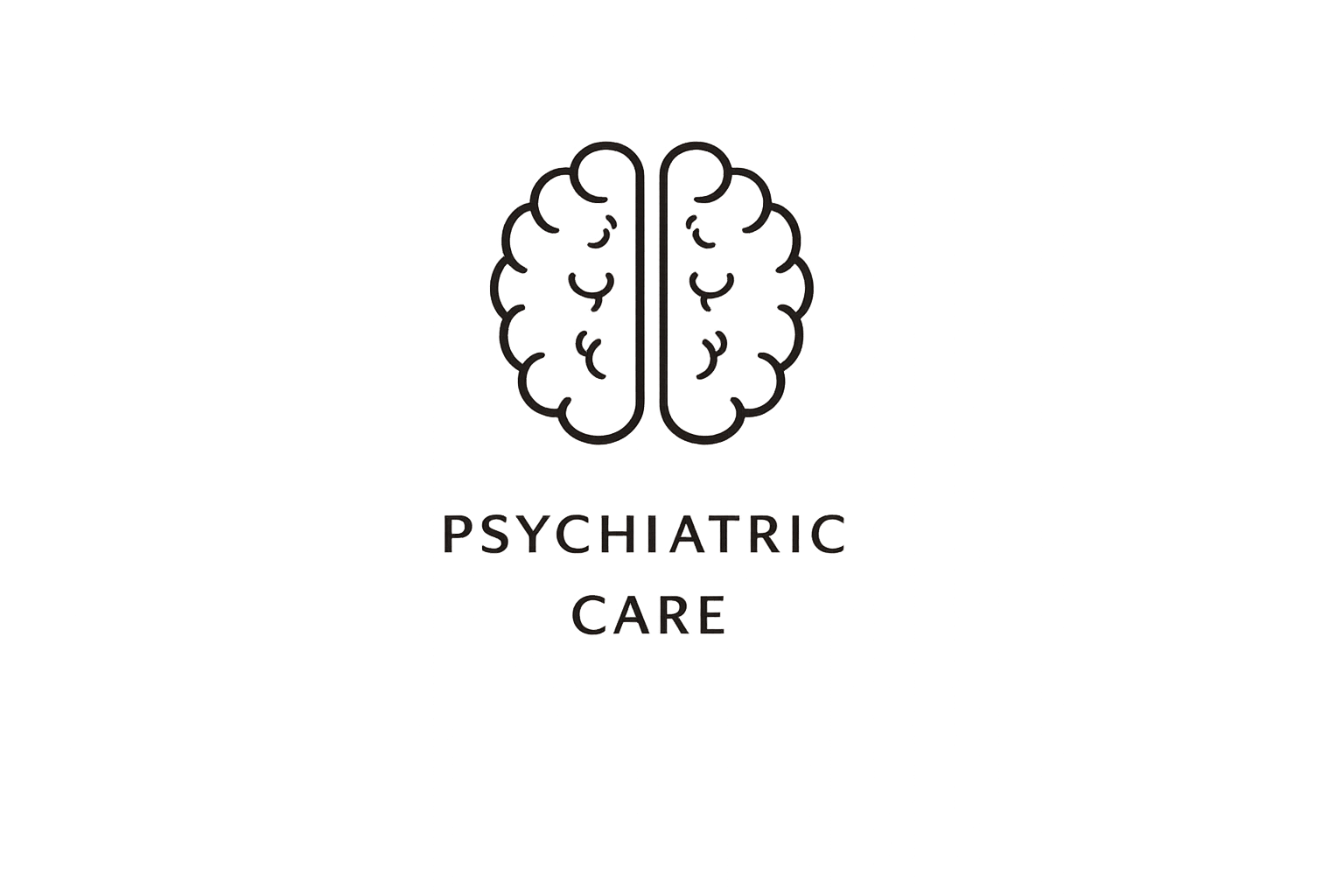 Line drawing of a human brain above the text 'Psychiatric Care' on a black background.