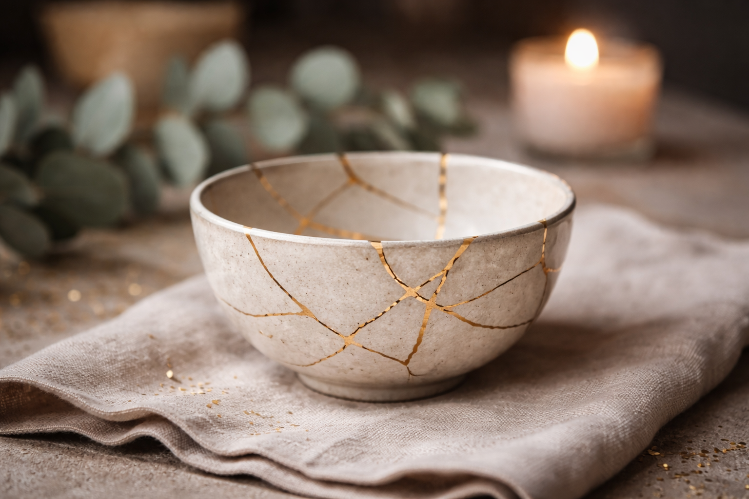 A decorative ceramic bowl with gold crackle pattern on a beige linen cloth, with a lit candle and eucalyptus sprigs in the background.