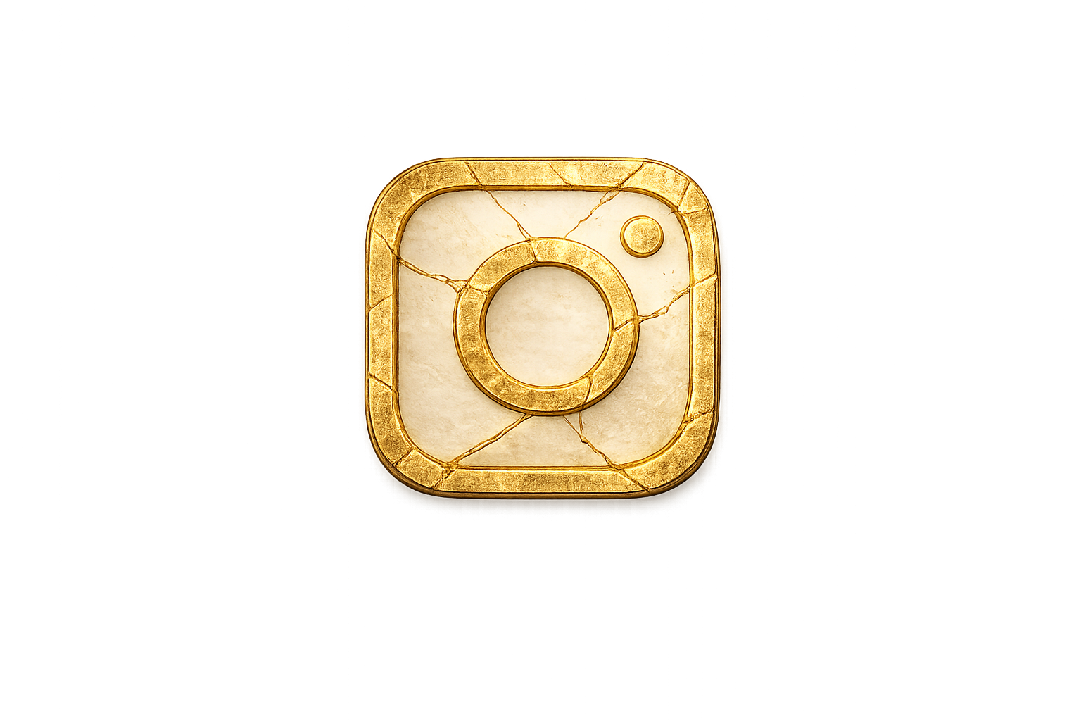 A golden, cracked Instagram app icon with a white marble texture, featuring a circular camera lens in the center and a small circle on the top right corner.