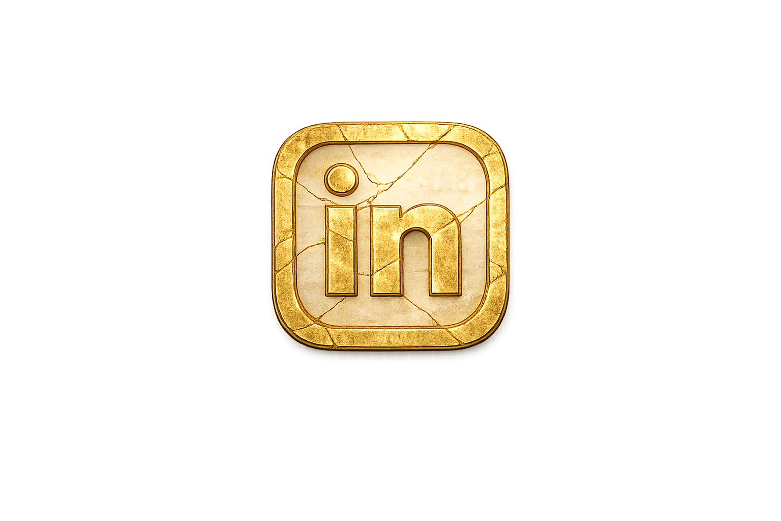 The LinkedIn logo appears as a gold-colored, cracked square with rounded edges, featuring the lowercase 'in' letters in the center.