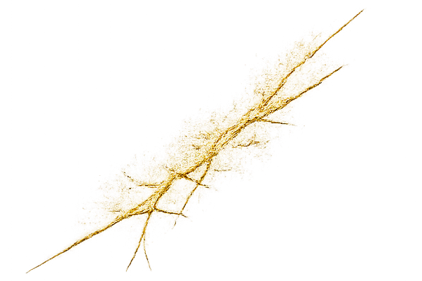 Close-up of a needle with a gold fiber on a black background.