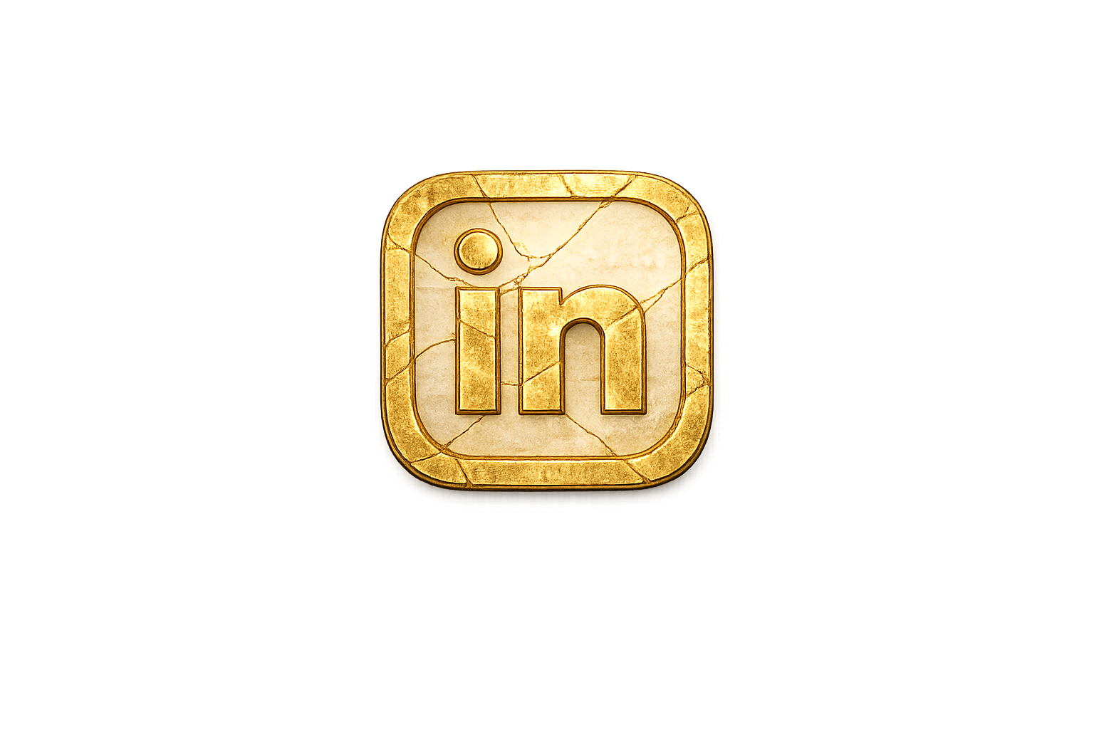 Icon of the LinkedIn logo, gold-colored with a weathered texture.