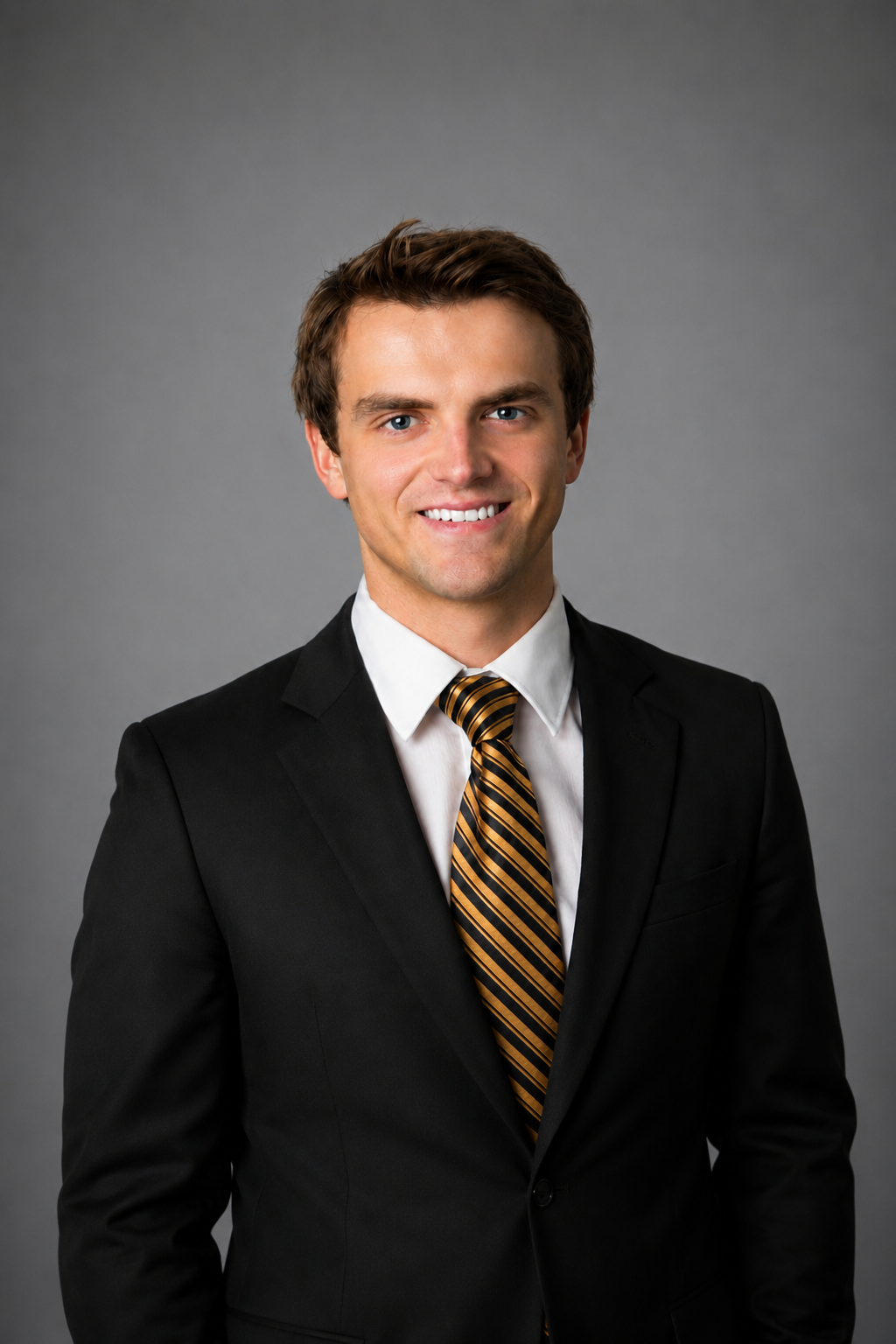 A young man in a black suit, white shirt, and striped yellow and black tie, smiling in front of a gray background.