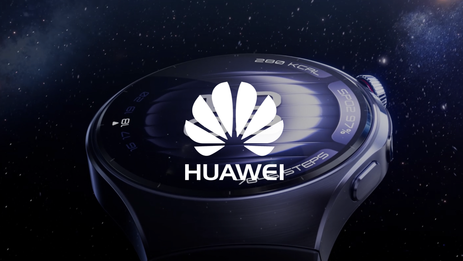 A smartwatch floating in space with the Huawei logo superimposed on the screen.