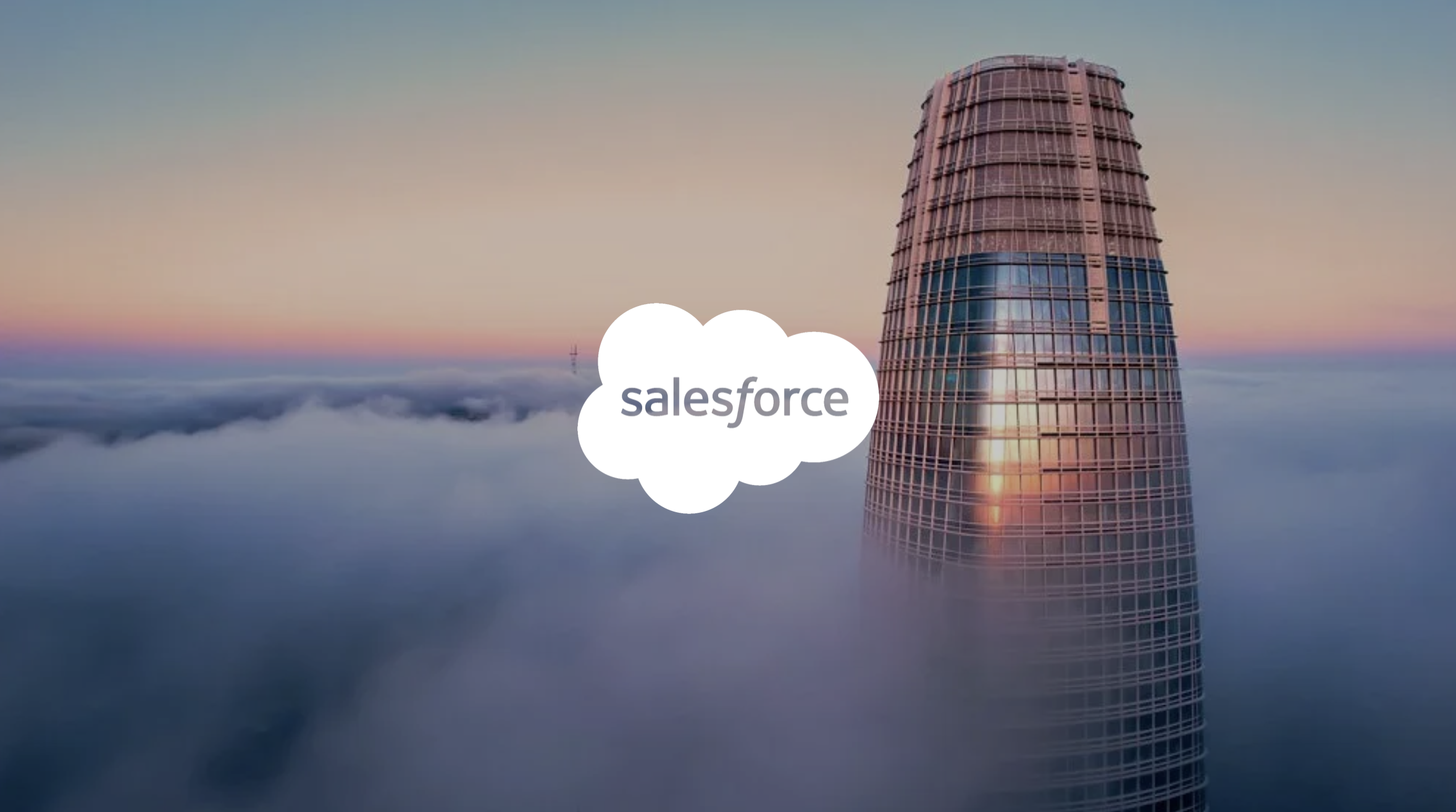 A tall, modern skyscraper seen above clouds during sunrise or sunset, with a Salesforce logo overlay.