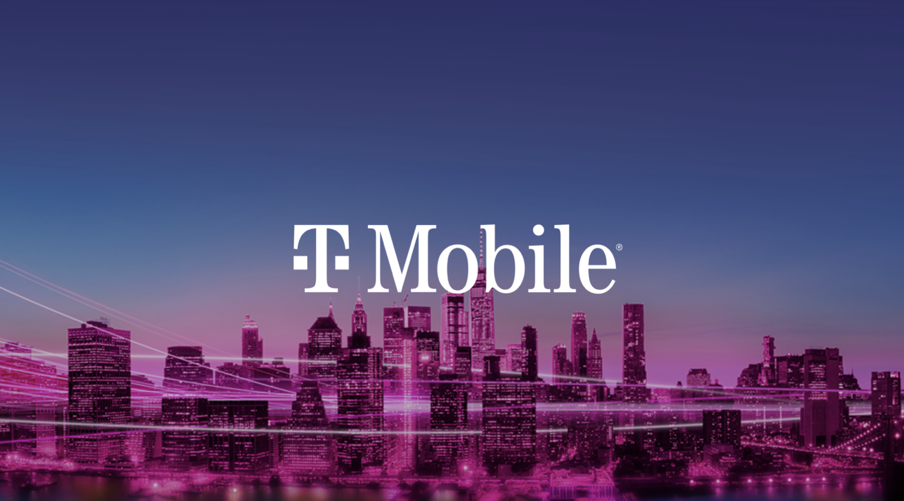 T-Mobile logo over a futuristic pink and purple city skyline with lines of digital connectivity.
