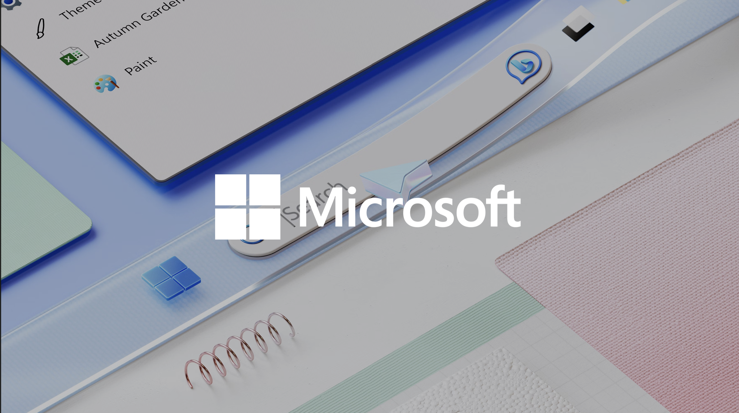 Microsoft logo over a close-up of a computer screen displaying a drawing or design application with color palettes and drawing tools.