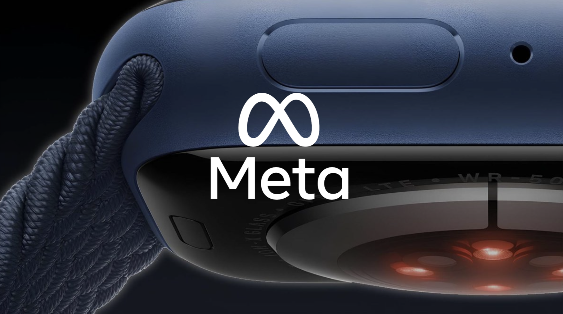 A close-up of a VR headset with a gloved hand holding the top edge. The Meta logo is overlaid on the image.