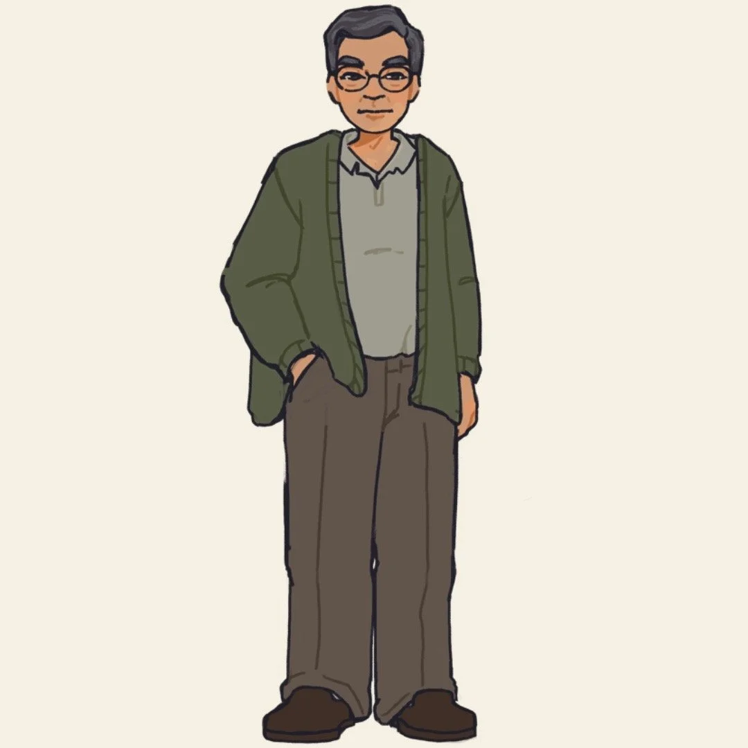 Illustration of a man wearing glasses, a gray polo shirt, brown pants, and a green jacket, standing with one hand in his pocket against a plain background.