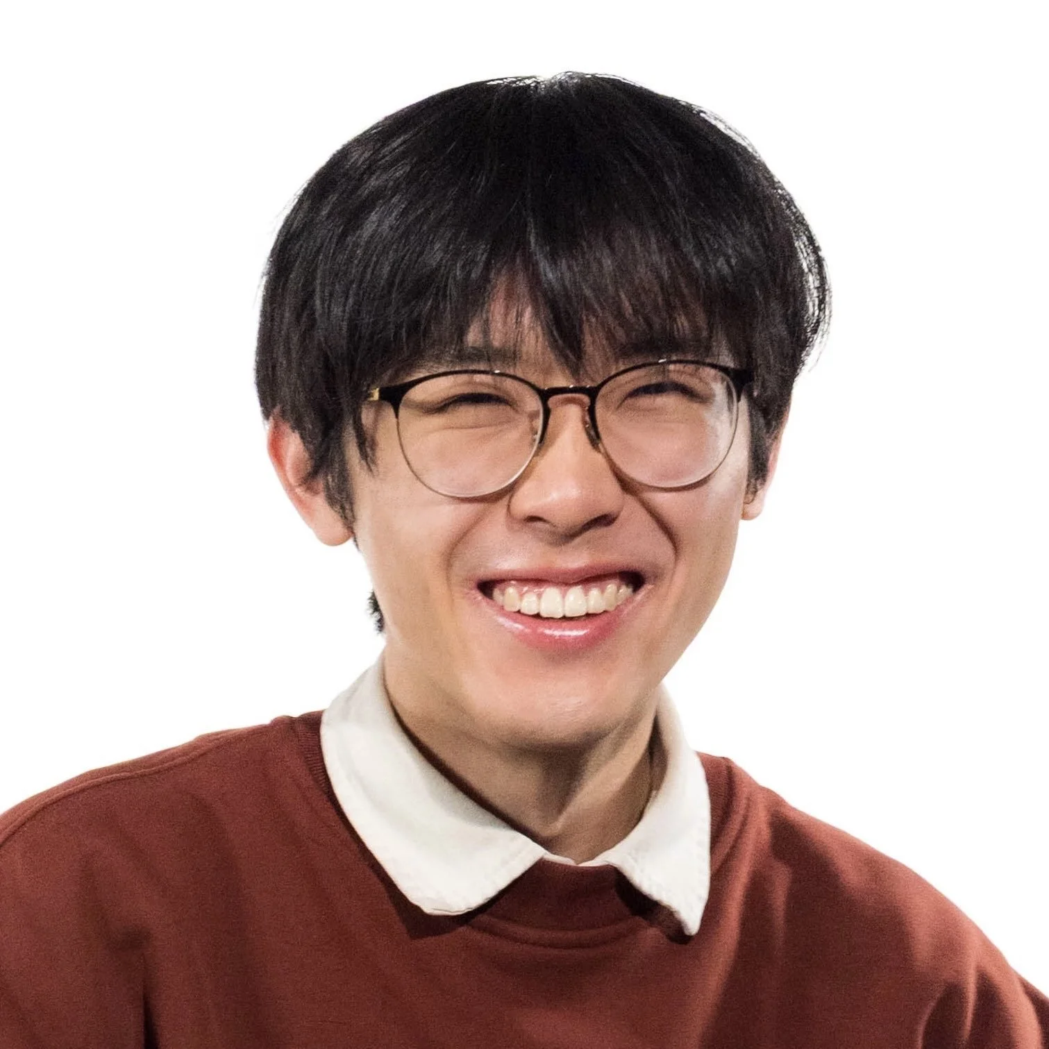 Headshot of Adam Ying. He wears a red sweater on top of a collared white shirt.