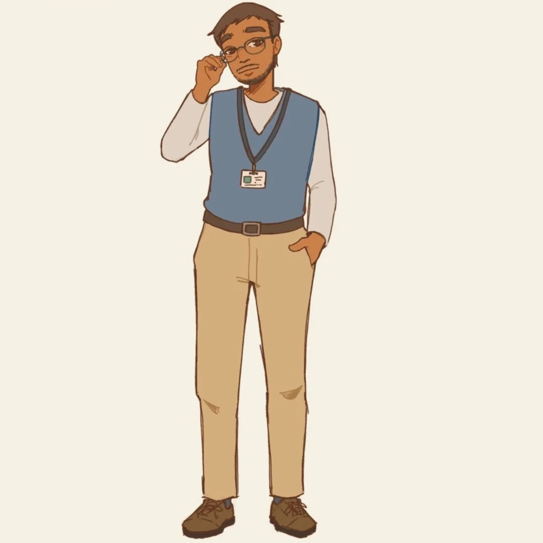 Cartoon of a man with glasses adjusting them, wearing a blue vest over a white shirt, beige pants, and brown shoes, with an ID badge hanging around his neck.