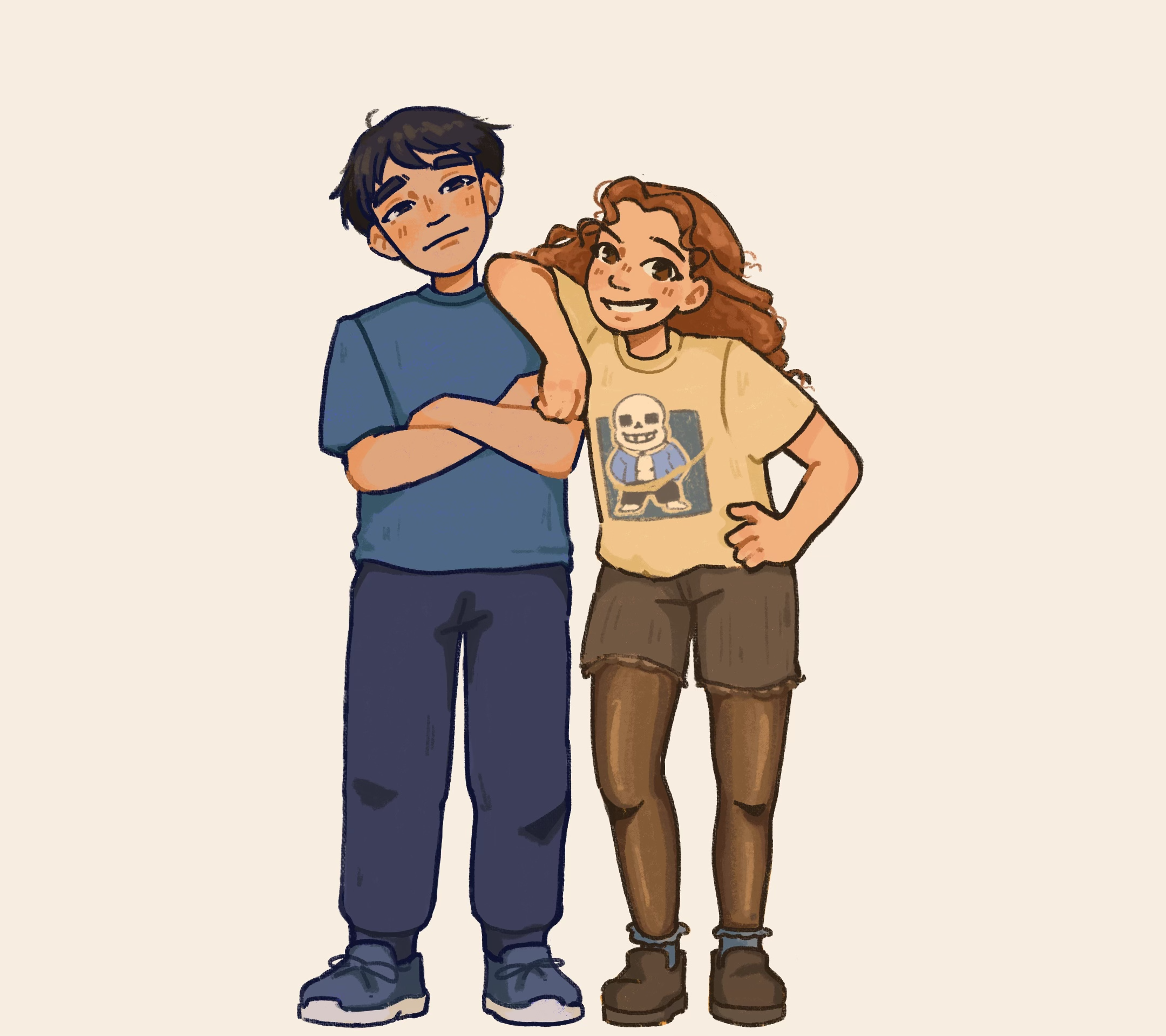 Illustration of a young man and woman standing together, with the woman resting her arm on the man's shoulder. The man has dark hair, wearing a blue t-shirt and dark pants, with a shy expression. The woman has curly red hair, wearing a yellow t-shirt with a skeleton graphic, shorts, and leggings, smiling confidently.