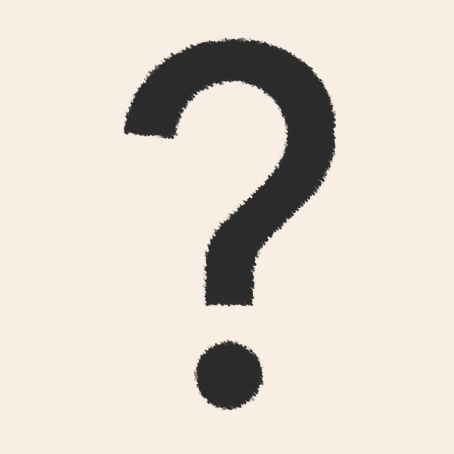 A large black question mark on a plain beige background.
