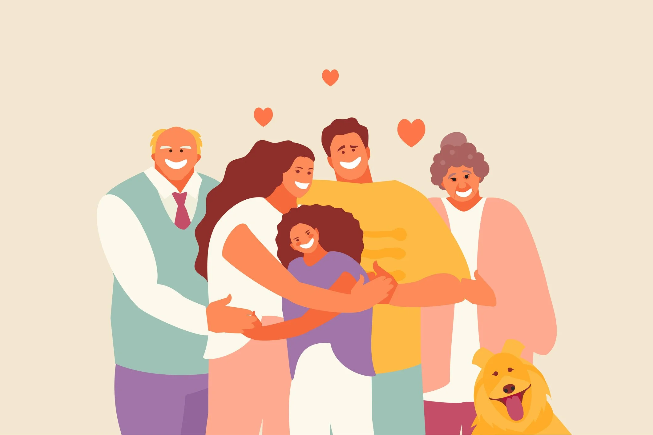 Illustration of a multigenerational family group hugging and smiling, with hearts above their heads, and a happy dog at the front.