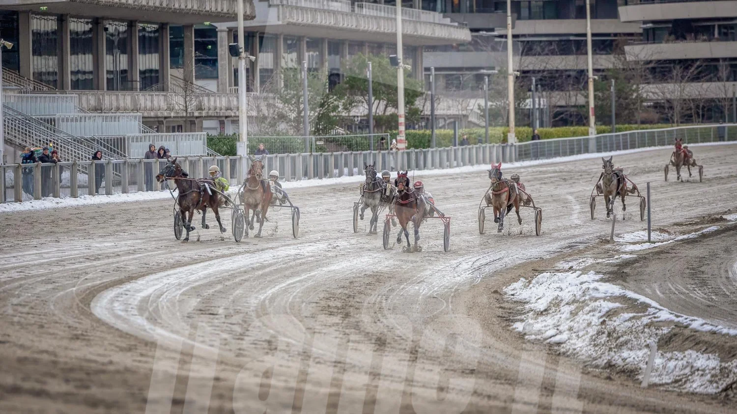 Pferderennen auf einer Bahn bei frostigen Wetterverhältnissen, mit mehrere Pferden und Fahrern, während Zuschauer am Rand zuschauen.