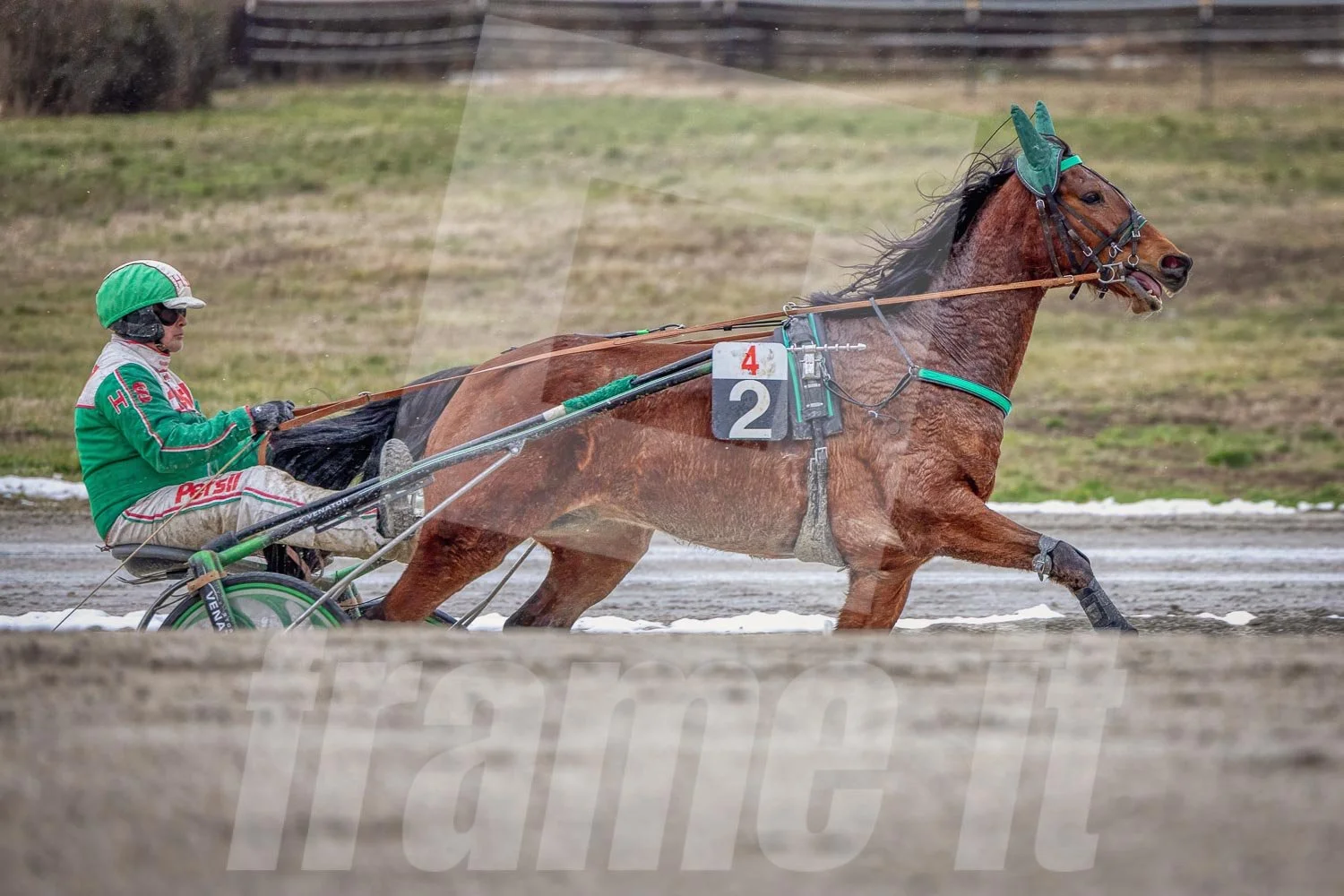 Trabrennpferd mit Trabrennfahrer auf der Pferderennbahn Wien Krieau bei winterlichen Bedingungen.