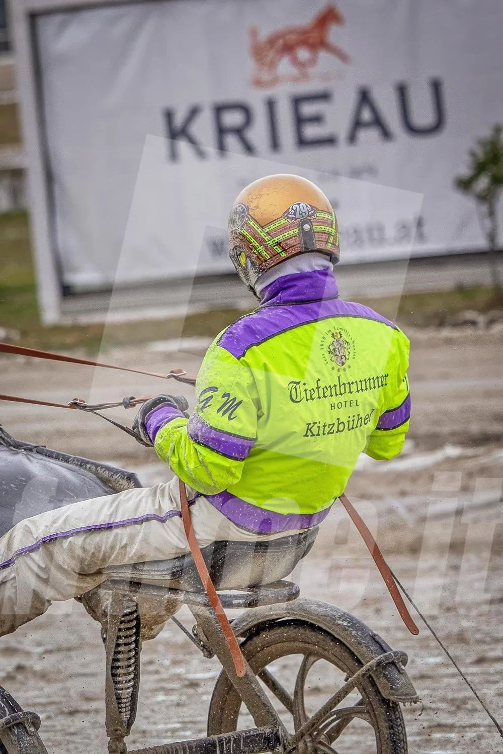 Trabrennpferd mit Trabrennfahrer Gerhard Mayr auf der Pferderennbahn Wien Krieau bei winterlichen Bedingungen, mit einem großen Schild im Hintergrund.