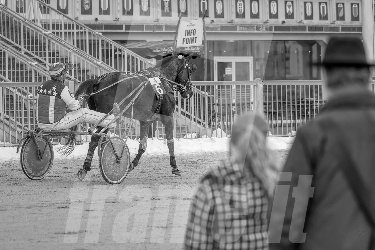 Ein Pferd mit einem Fahrer in einem Rennen auf einer verschneiten Rennbahn, beobachtet von Zuschauern, im Hintergrund ein Info-Point und Gebäude.