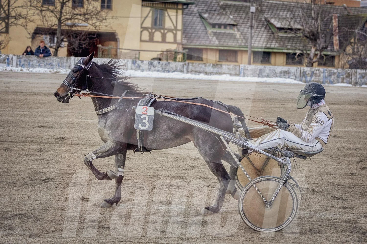 Pferderennfahrer in Wettkampf auf der Rennbahn, treibende Kraft im Rennen.